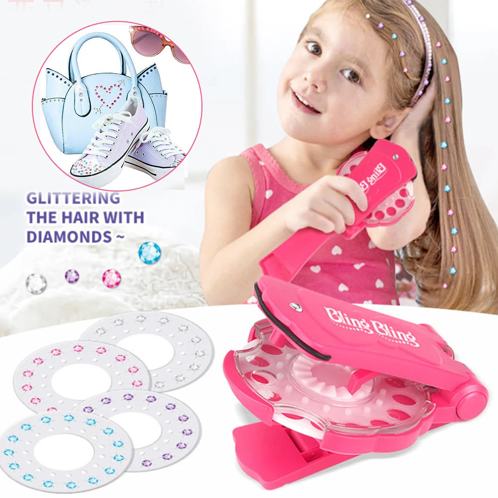 180 Gems Kit Shining Diamond Hair Decoration Stapler Machine Girls Hair Makeup Play Rhinestone Ornament Machine Jewel Toy