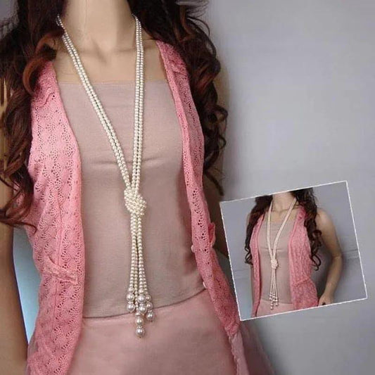 Trendy Double Knotted Long Pearl Multi Layered Necklace